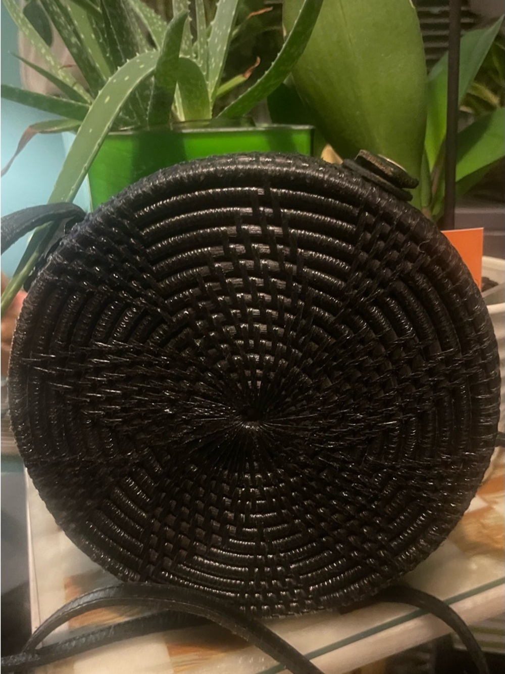 Unbranded black round woven crossbody bag. EUC